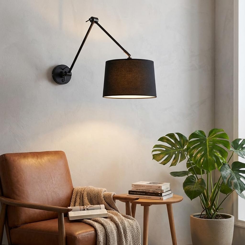 B·LED BARCELONA LED Wandleuchte mit Gelenkarm und zylinderförmigem schwarzem Stoffschirm Nordisches Design Klassisches elegantes Schalter und E27-Fassung zum Lesen Wohnzimmer Nachttisch Hotel