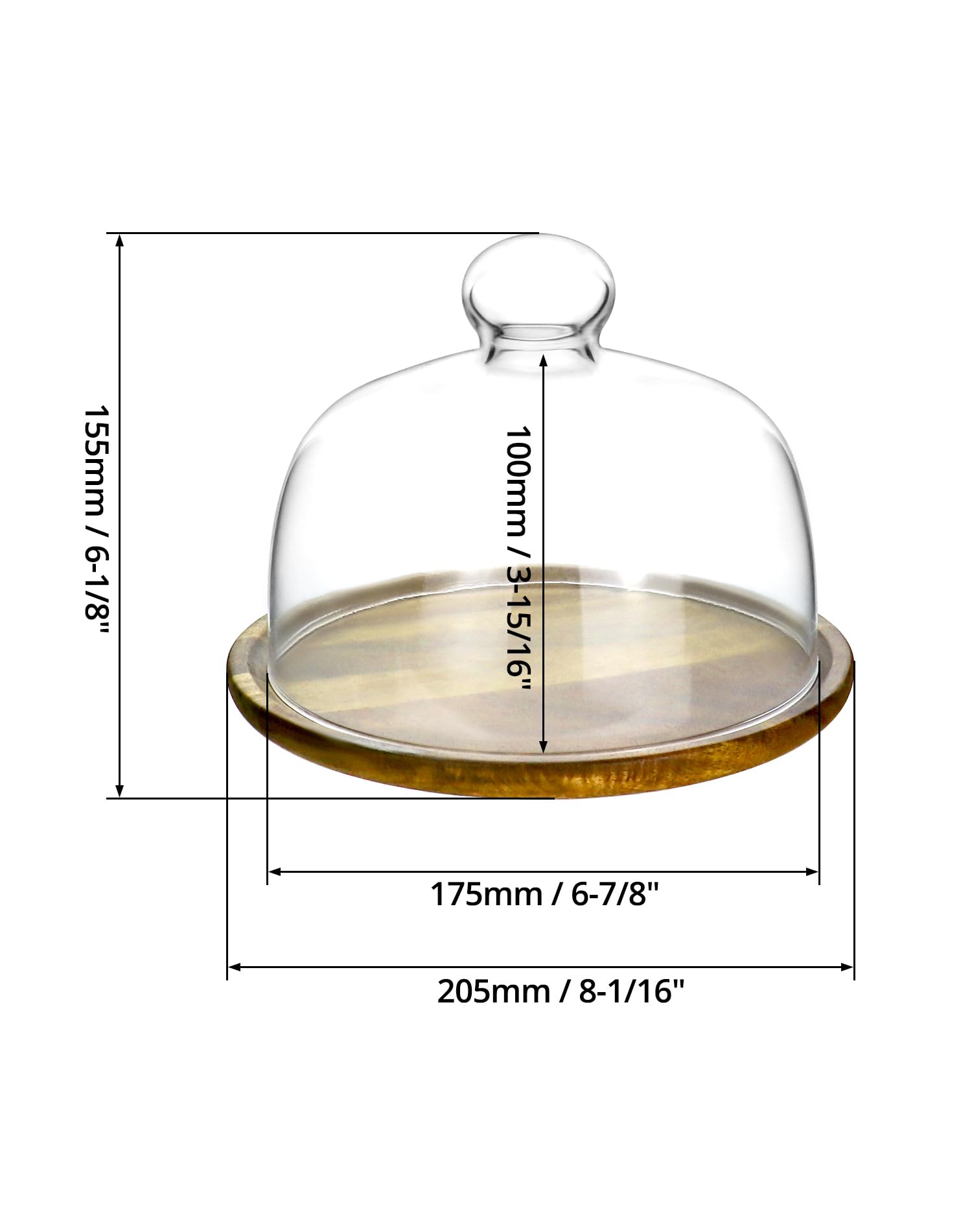 QWORK Glasglocke mit Tablett aus Akazienholz, 17,8 cm Durchmesser, Dessert- und Käse-Displayabdeckung mit Knaufgriff für einfachen Zugriff, vielseitige Servierplatte für Unterhaltung und Dekoration