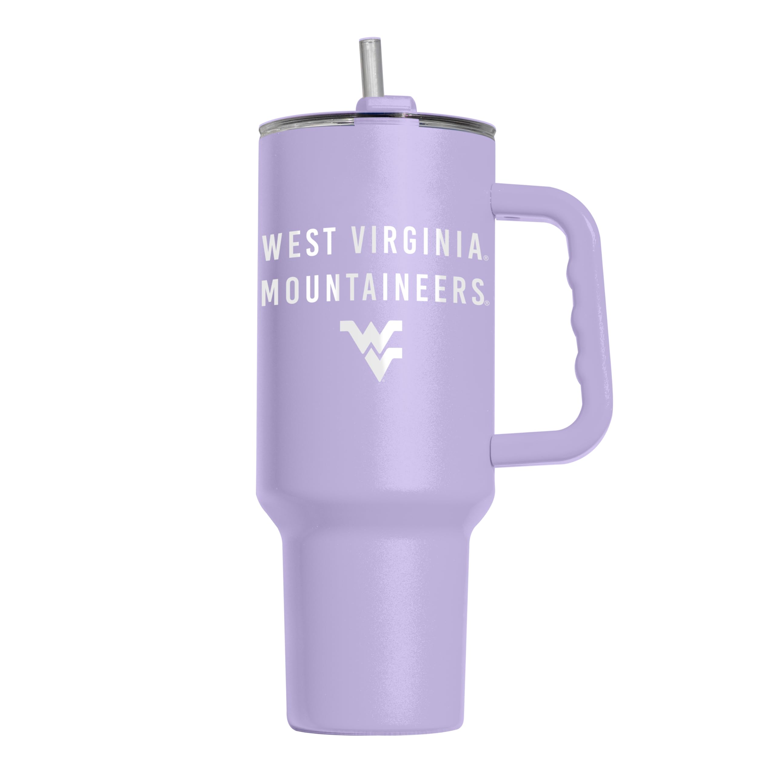 Logo Brands NCAA West Virginia Mountaineers Lavender 40 oz Tumbler with Handle - Stylish Everyday Use Powder Coated-Stainless Steel with Straw- Keeps Cold For Hours