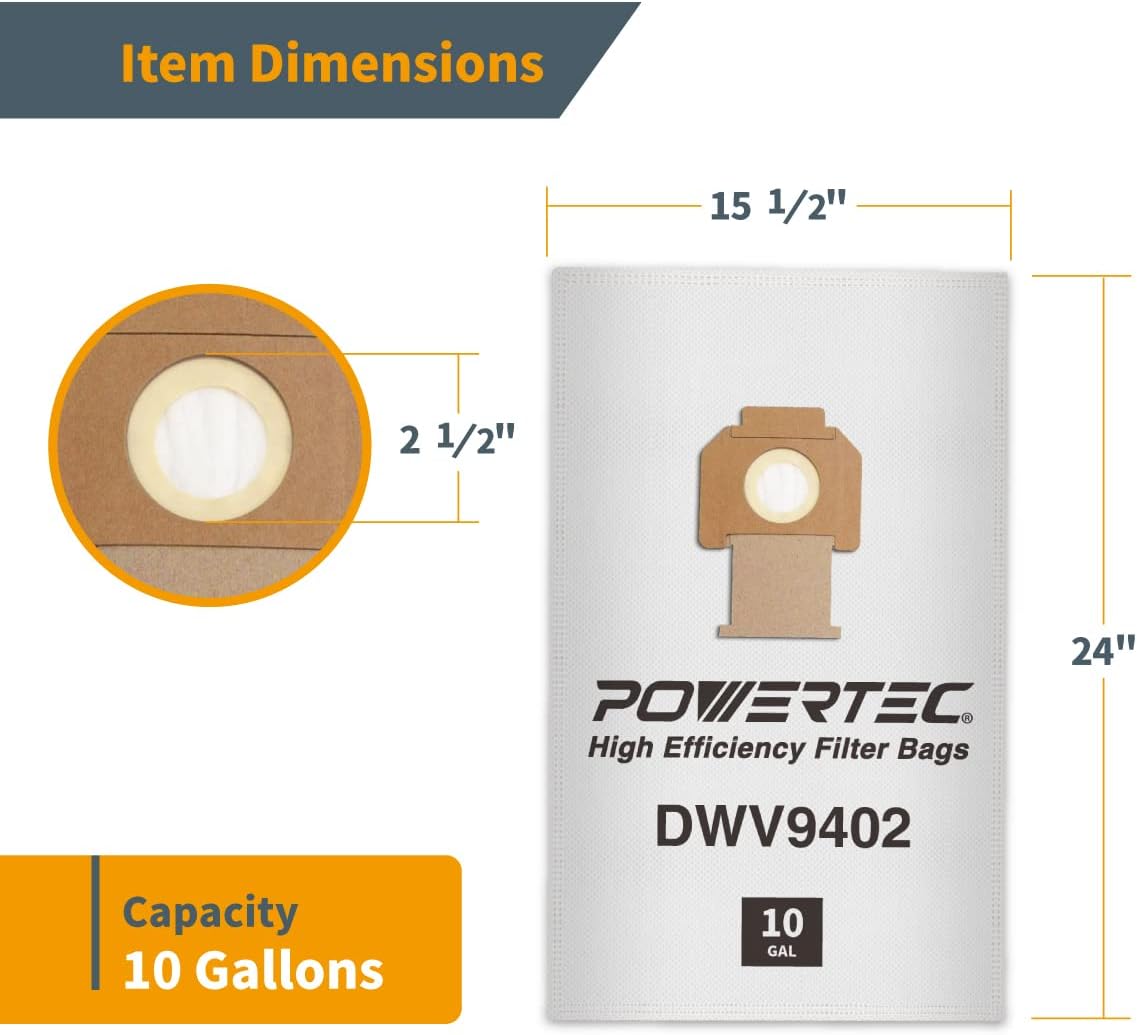 POWERTEC DWV9402 Fleece Bags for Dewalt 70PK, for Dewalt DWV010, DWV012, DWV015 8 & 10 Gallon Dust Extractor, Replacement Shop Vacuum Bags, Filter Bags for Dewalt (75029-Case14), Case of 70