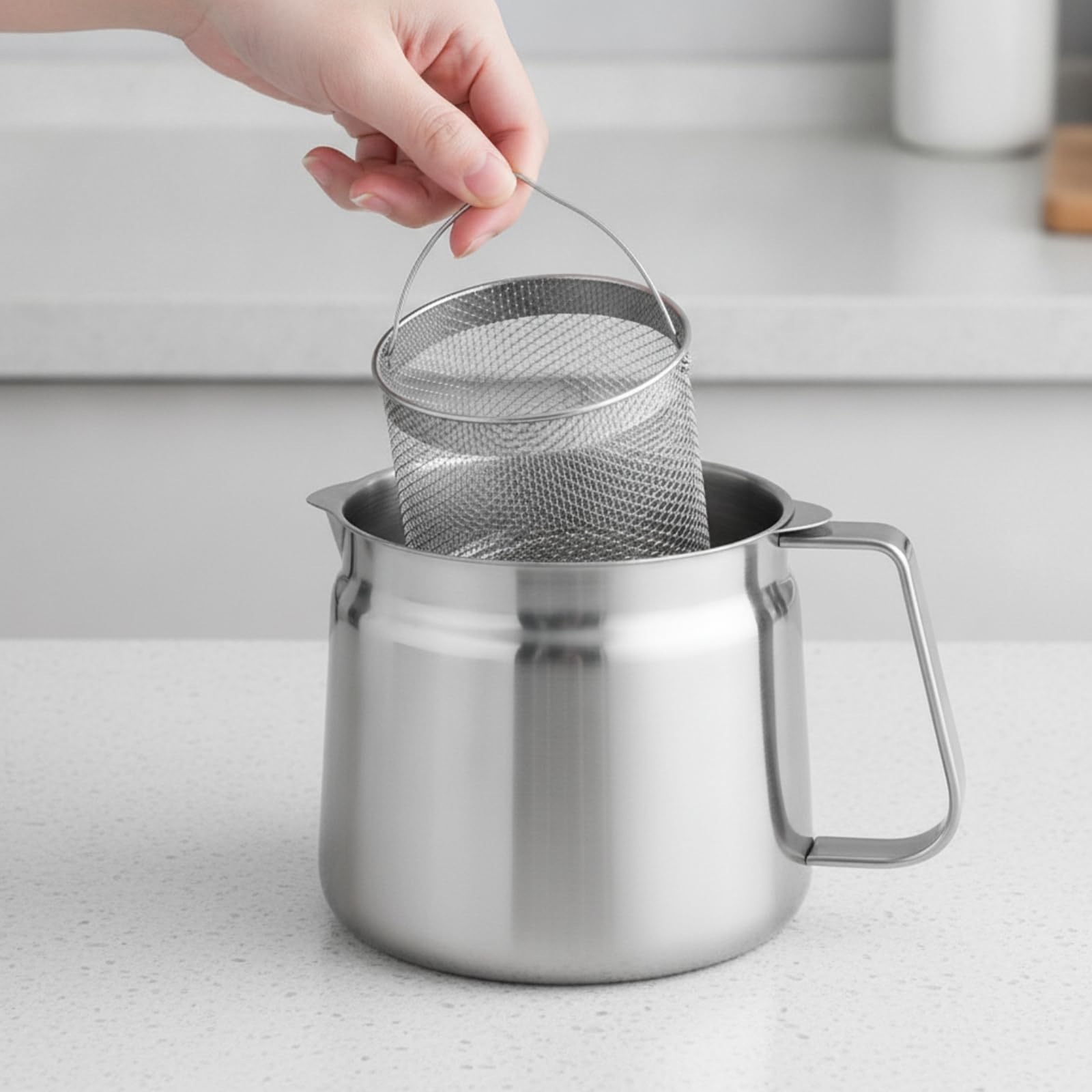 KESOTO Aceitera Acero Inoxidable Olla Acero Inoxidable con Cesta Freído Vertido Ave Aceitera con Filtro Malla para Cocina, 1.5L