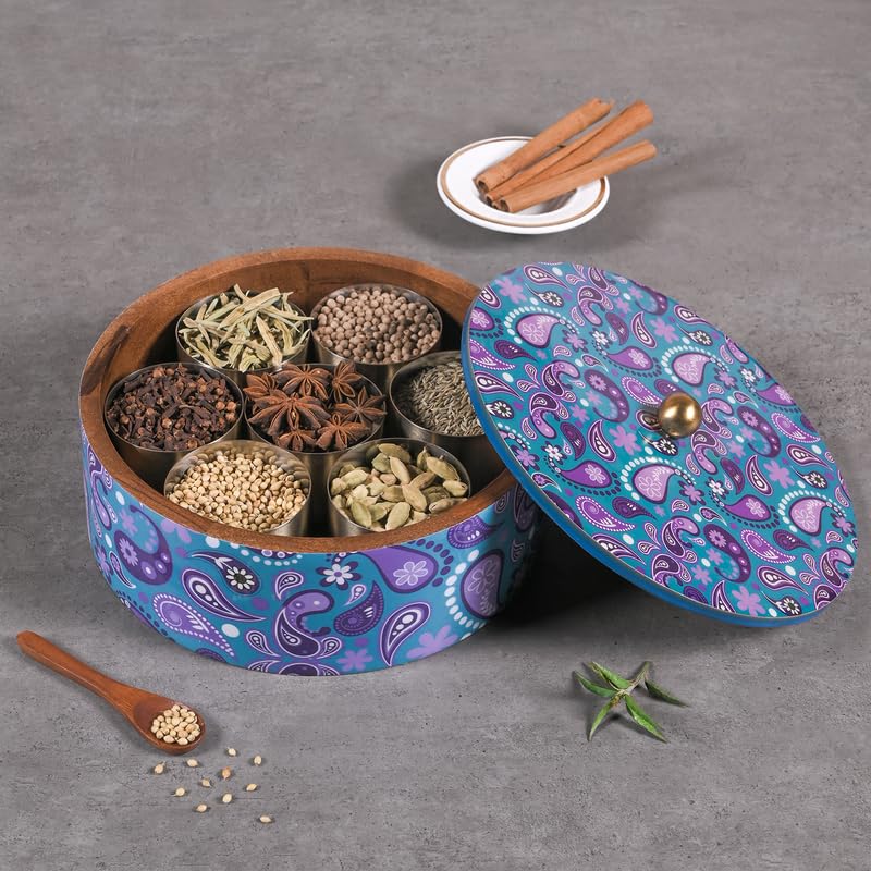 Image of Wooden Masala Box for Kitchen - 7 Stainless Steel Jars with Wooden Spoon | Stainless Steel Brass Lid with Knob | Multipurpose Dry Fruit & Spice Storage - Purple (Printed)