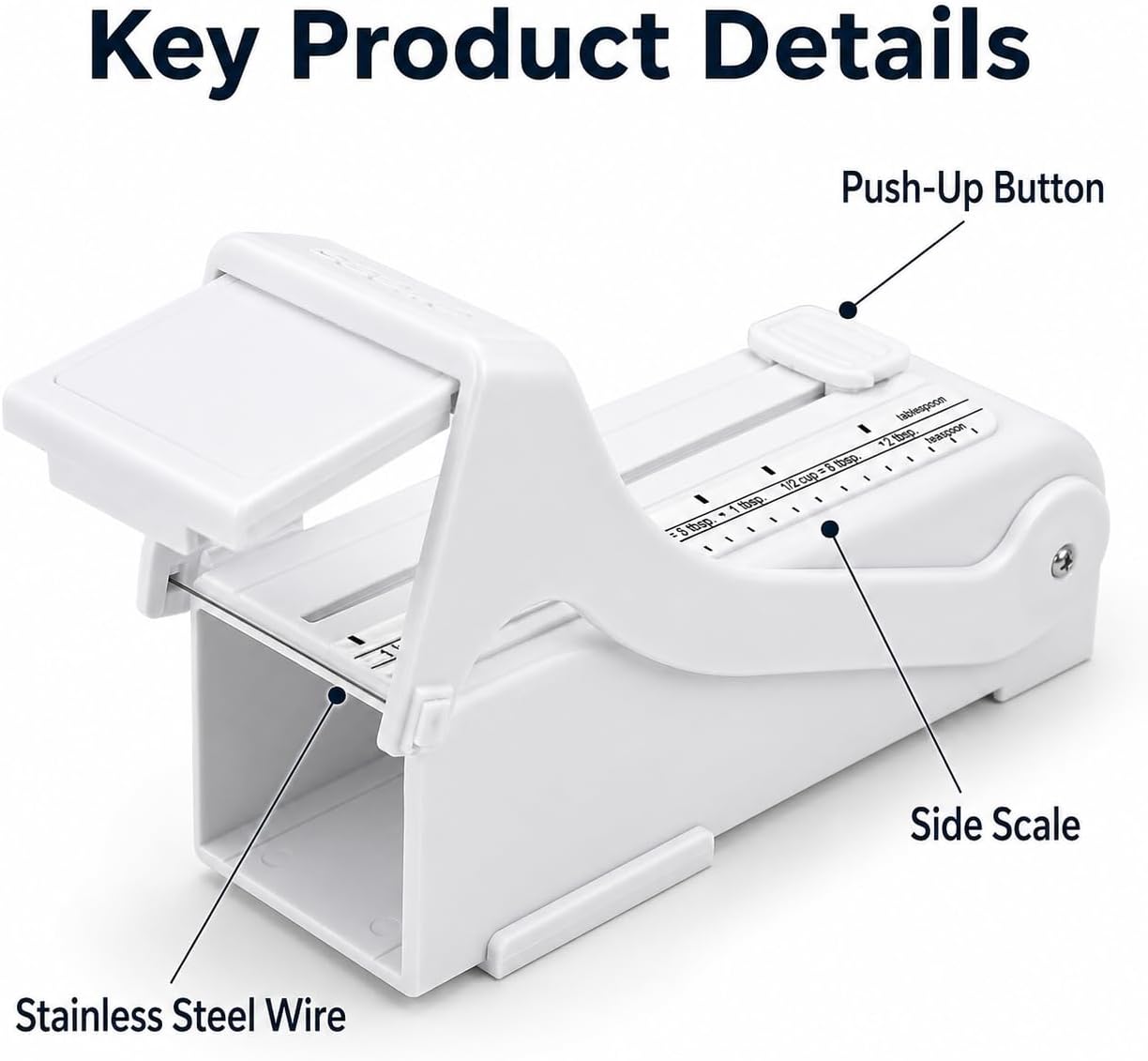 Butter Slicer and Dispenser, Adjustable Cutter for Stick Butter, White | ABS body with stainless steel wire; measuring marks; storage case use; includes replacement scale strip.