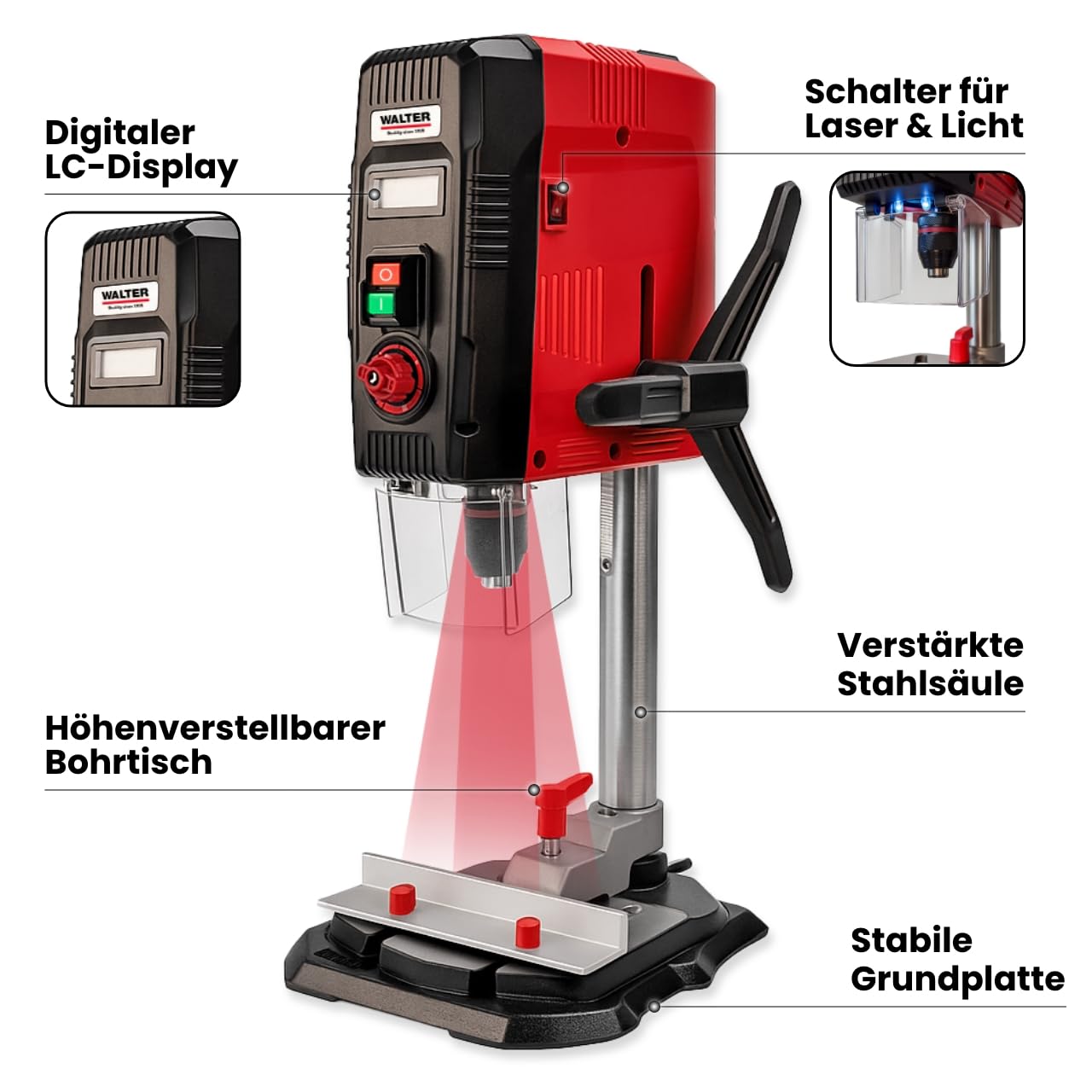 WALTER Tischbohrmaschine 900 W mit Laserführung und LCD-Anzeige, 6 Drehzahlstufen, 40 mm Bohrtiefe in Holz, 13 mm in Stahl, massiver Gusseisentisch, für Heimwerker und Werkstatt