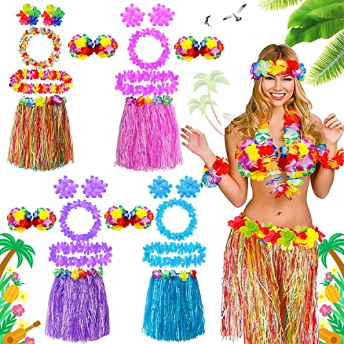 MEISHANG Hawaiian Grass Skirts,Hawaii Outfit Damen,4 Set 24 Stück Hawaii Rock Damen,Hawaii Rock mit Blumenkette Hawaii,Hawaii Kostüm Damen,Hawaii Party Kostüm,Hawaii Kostüm Set für Hawaii Party Deko