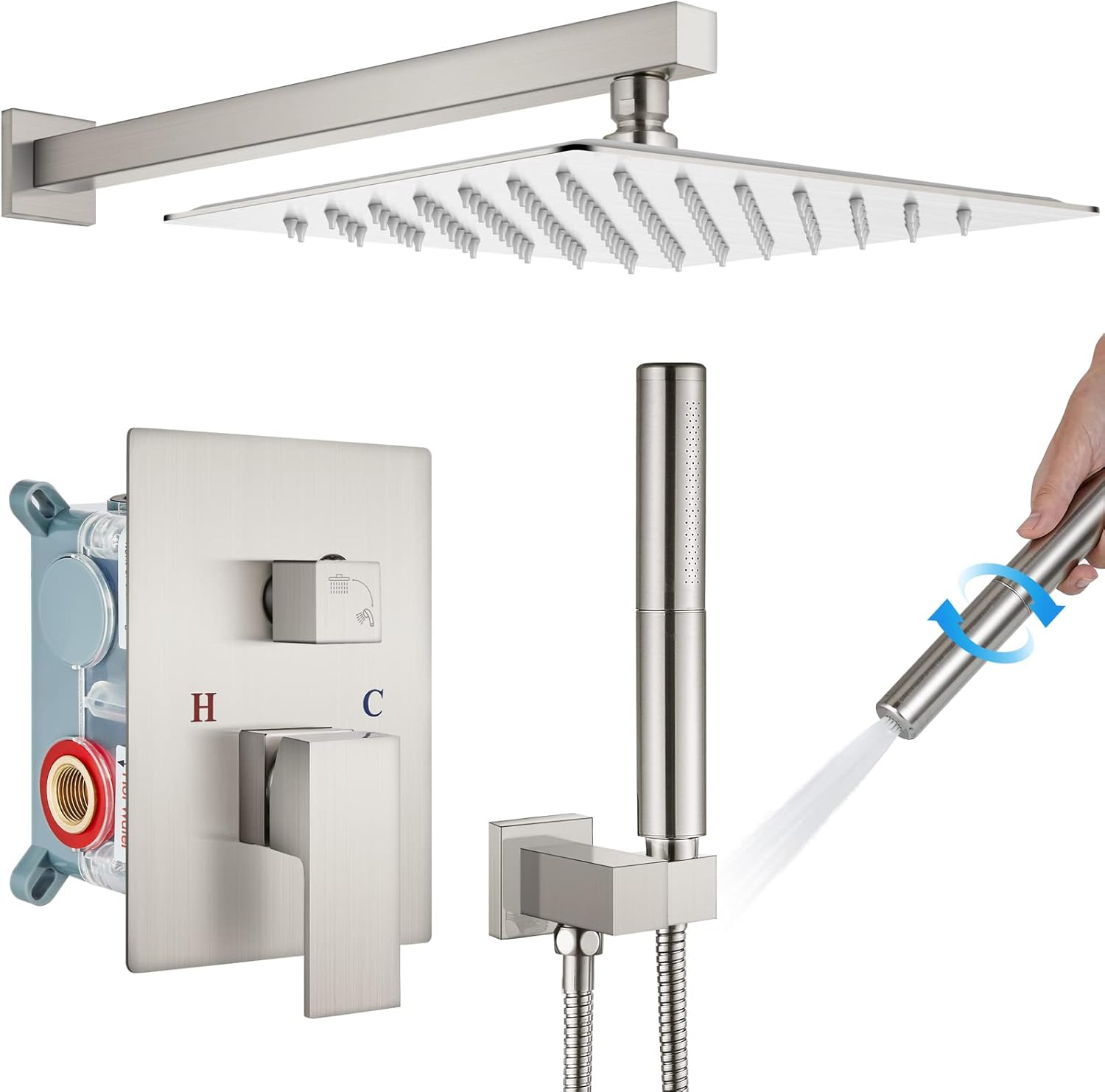 gotonovo Brushed Nickel Wall Mount Shower Faucet Set 12 Inch Square Showerhead Bathroom Rainfall Shower System SUS304 Shower Trim Kit 2 in 1 Cylindrical Handheld shower with Rough-in Valve