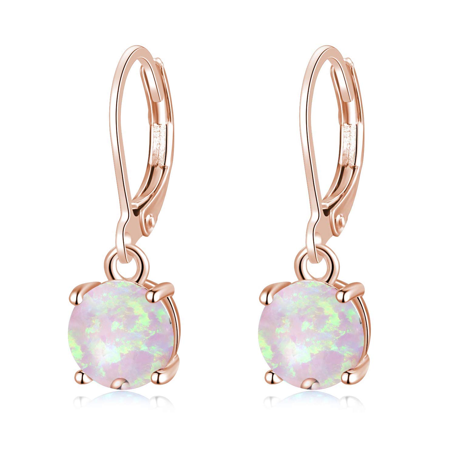 CiNilyCiNily Round-Cut Opal Dangle Earrings, Green Fire Opal Rhodium Plated Women Jewelry Leverback Gemstone Drop Earrings