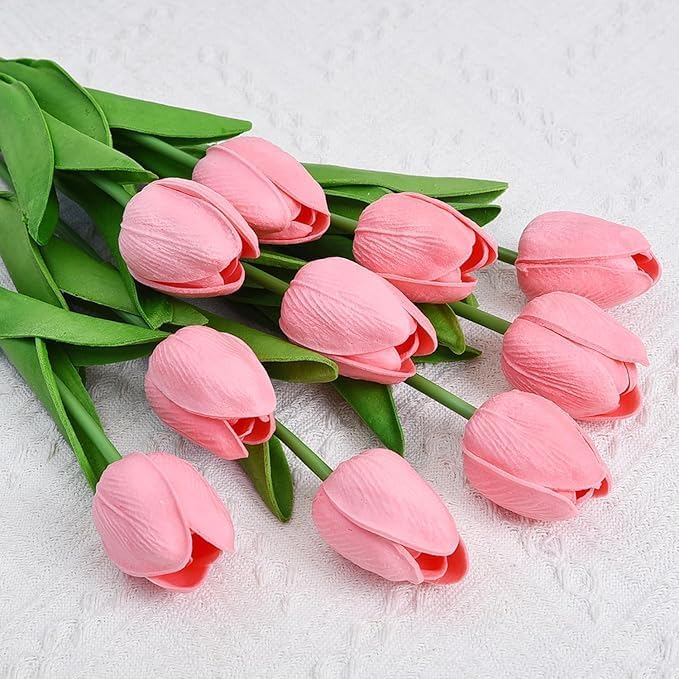 Image of Garden Art Artificial Tulip Flowers (Pack of 5) | Real Touch Silicone Single Stem Tulips for Home Decor, Living Room, Office, Vase & Wedding Decoration GAASTFB-1H-33BP (Baby Pink)