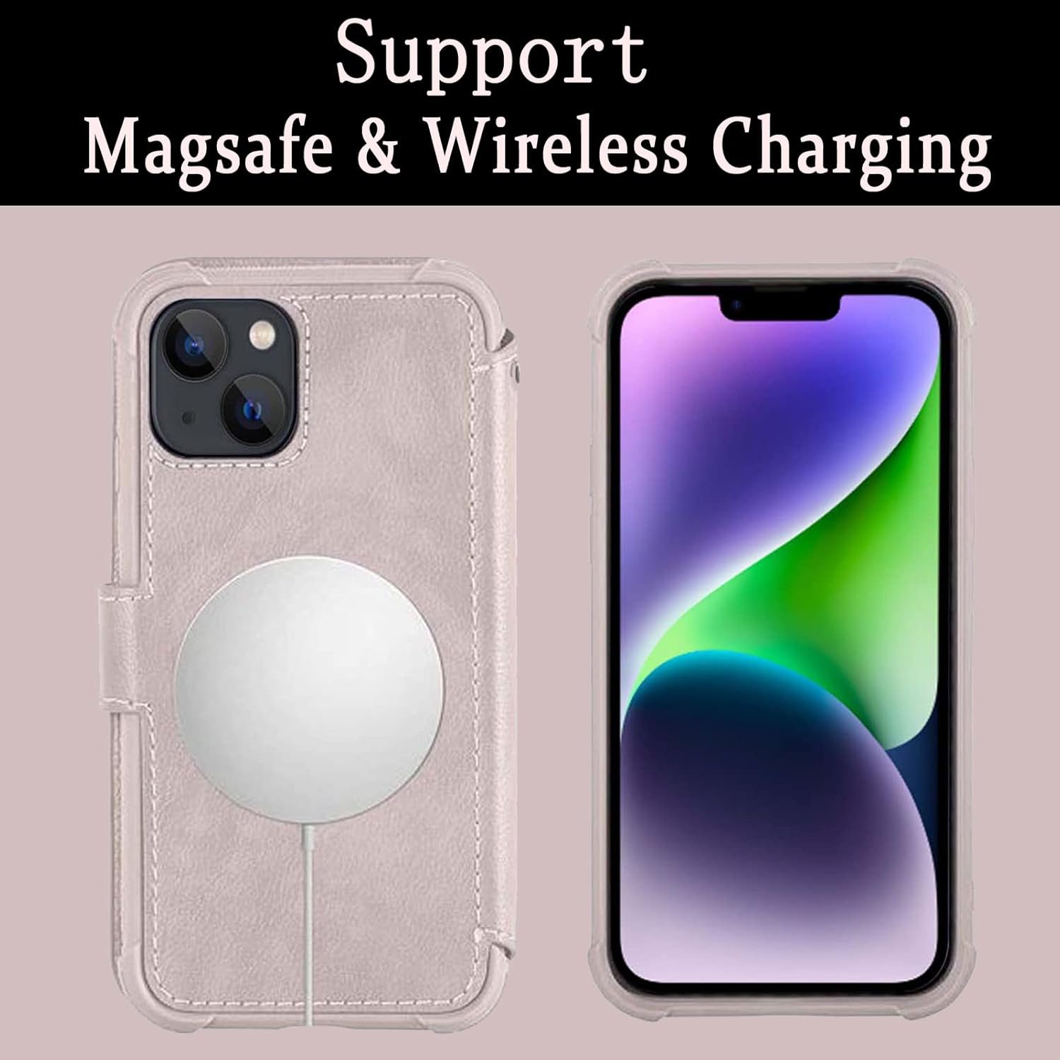 VANAVAGY Compatible for iPhone 14/13 Wallet Case for Magsafe Wireless Charging, PU Leather Flip Folio Phone Cover with Wrist Strap RFID Blocking Card Holder Screen Protector,Salmon Pink