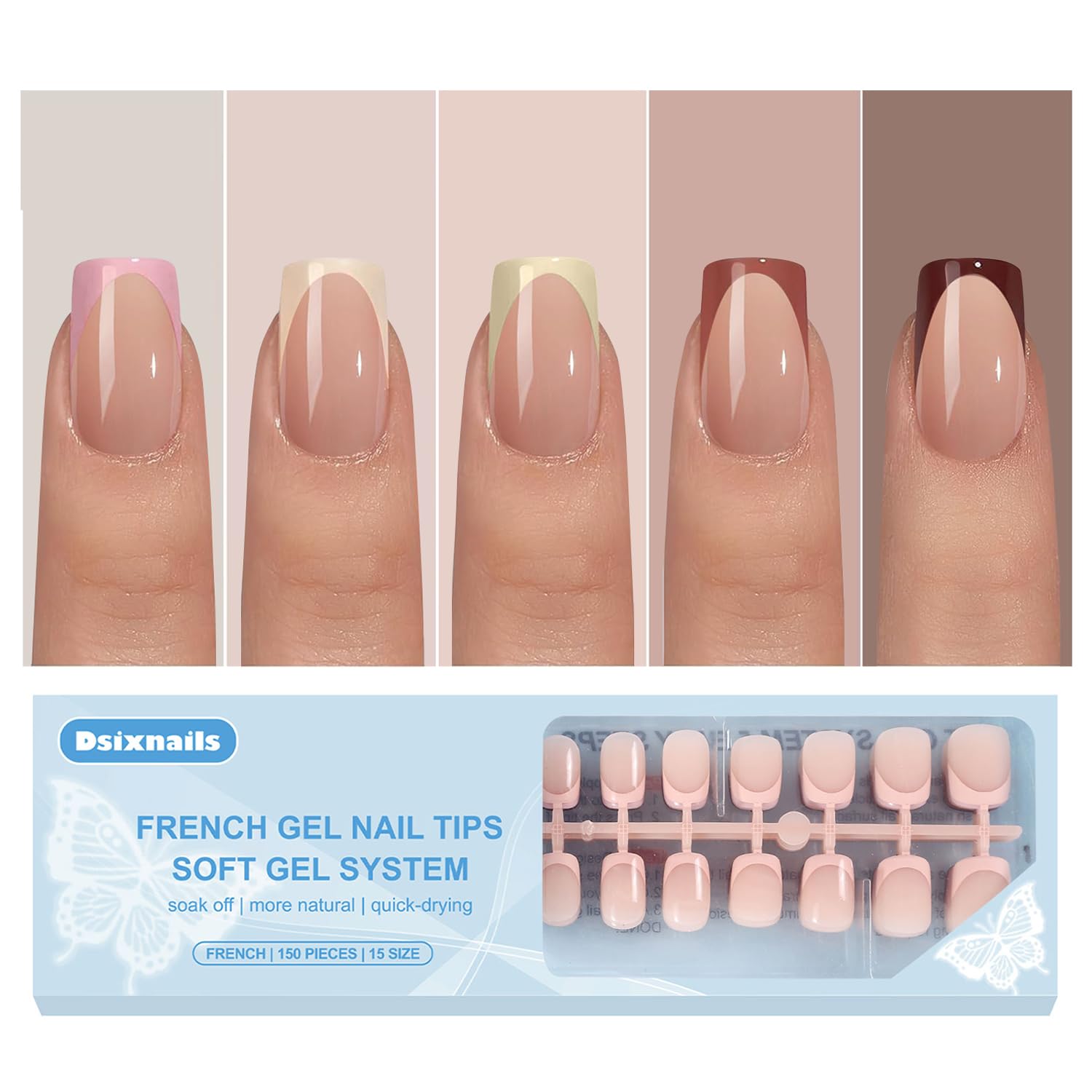 150 uñas postizas a presión con punta francesa de tonos de piel, cuadradas, cortas, suaves, francesas, en 15 tamaños, puntas de uñas postizas acrílicas de larga duración, extensión de uñas