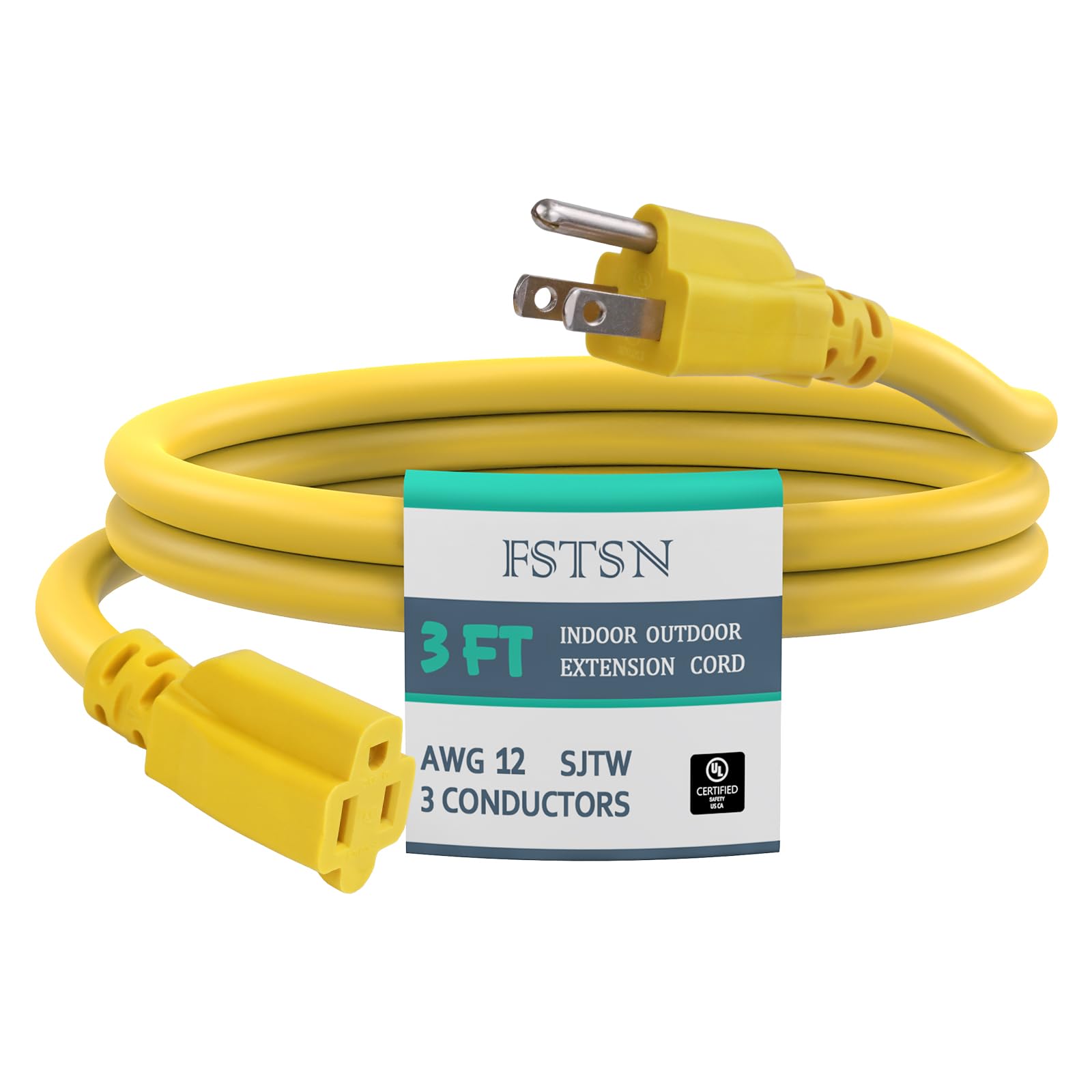 3 ft Heavy Duty Extension Cord Yellow - 12/3 SJTW 15 AMP Indoor Power Cord with 3 Prong Grounded Plug for Lawn Mower, Appliances, Workshop, Christmas Lights Water Resistant Flexible Cable.