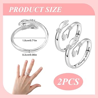 Sterling Silver Hug Rings for Women, Hugging Hands Adjustable Open Ring Engraved Words Ring Symbol of Love Sister Gifts Perfect for Daughters Mom Wife Friends Mother's Day Friendship Jewelry Gift