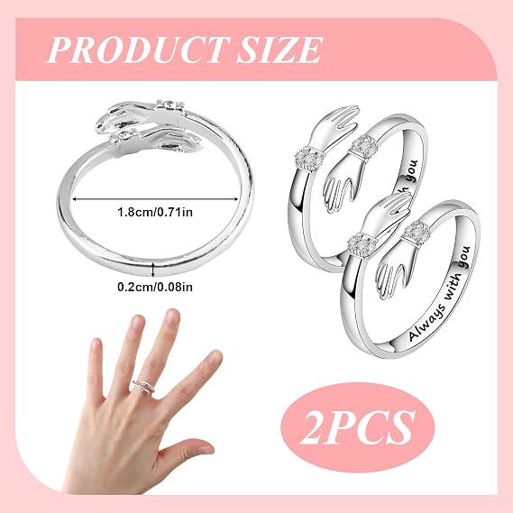 Sterling Silver Hug Rings for Women, Hugging Hands Adjustable Open Ring Engraved Words Ring Symbol of Love Sister Gifts Perfect for Daughters Mom Wife Friends Mother's Day Friendship Jewelry Gift