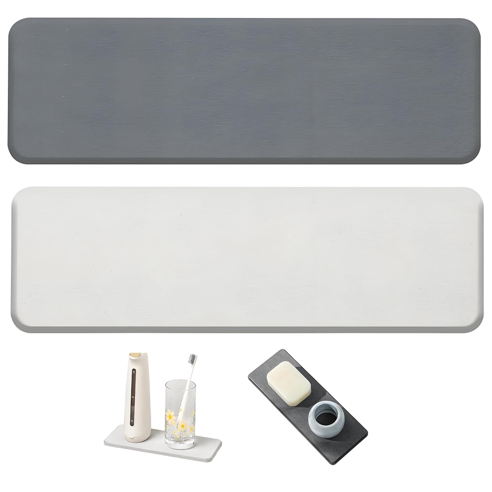 HAFRILY 2PCS Diatomite Stone Drying Mat Fast Drying Mat for Kitchen Counter Sink Diatomaceous Earth Water Absorbing Stone Tray Bathroom Soap Dispenser Tray Dark Gray & Light Gray