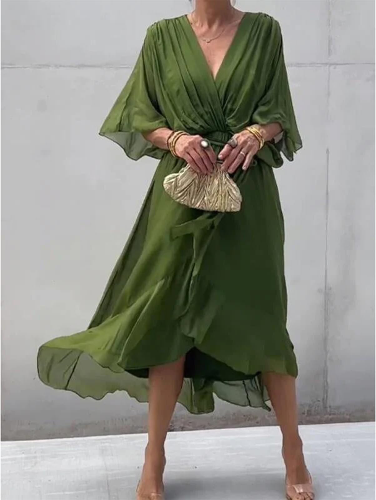 Abito Lungo Elegante e Raffinato con Scollo a V - Vita Alta a Balze fluide per Matrimoni/Feste/Casual