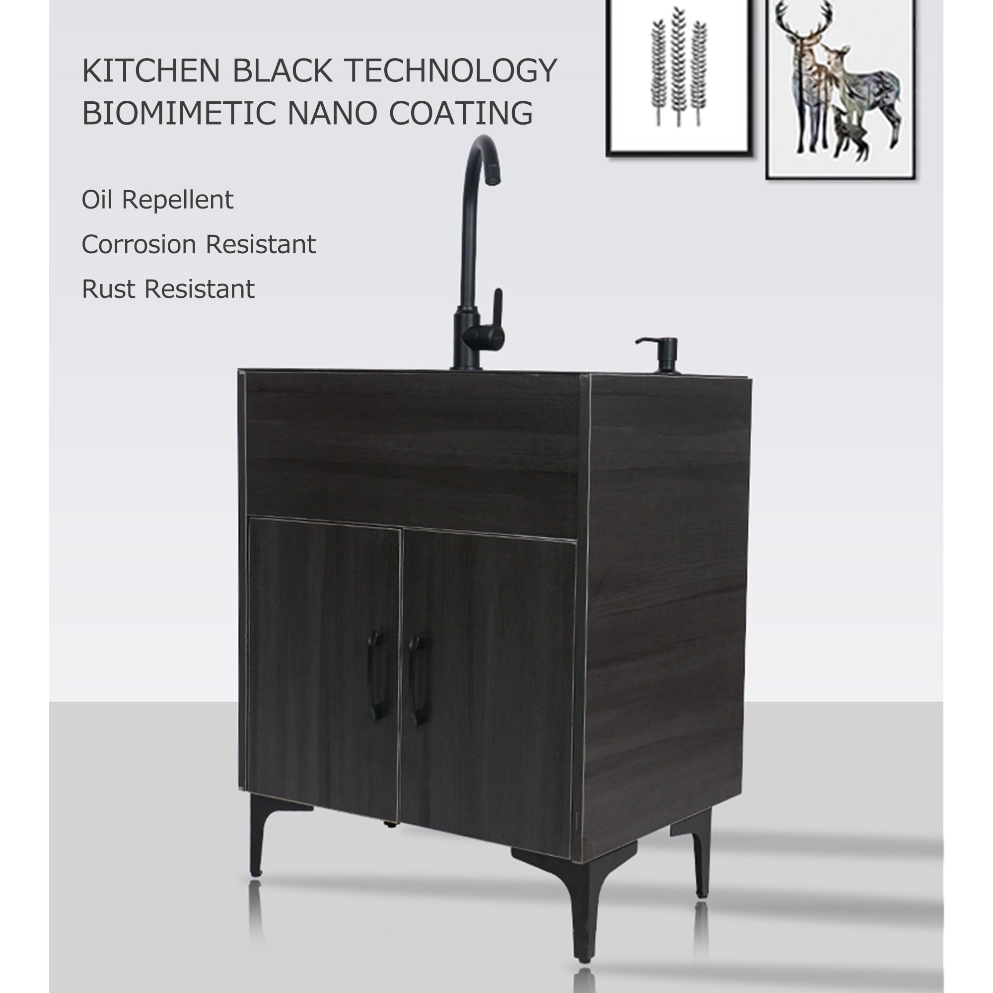 Lavandino da esterno nero/bianco con mobiletto, lavello da cucina a vasca singola, mobile per lavabo da appoggio commerciale e cassetto combinato per lavanderia e ripostiglio, cucina, bagno ( Color :