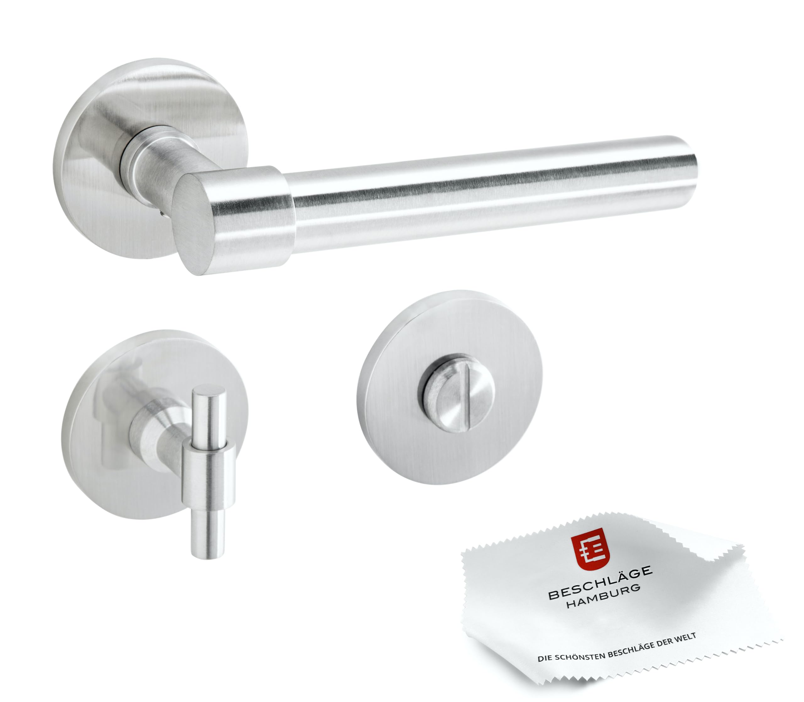 Beschläge Hamburg: Türgriffe/Türbeschlag One L — IO 07Z VAM WC/Bad — Türklinke ø 20 x 140 mm mit Verriegelung für Zimmertüren — Drückergarnitur/Türdrücker für Innentüren, ø 53 x 6 mm in Edelstahl matt
