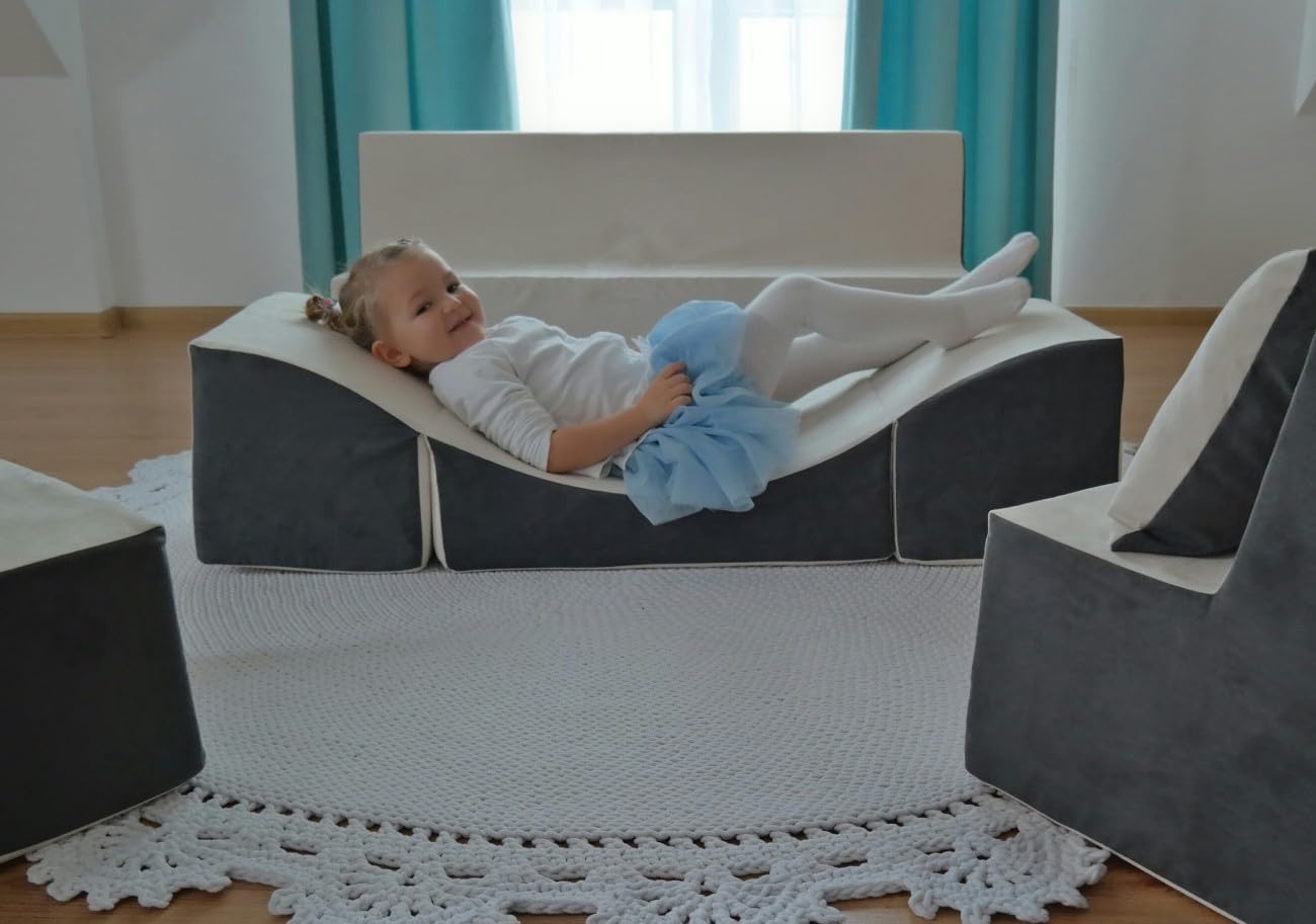 Velinda Kindersitzgruppe: 2xKinderstuhl+Sitzbank+Liegestuhl Kinderzimmermöbel Spiel-Set (Farbe: blau-beige)