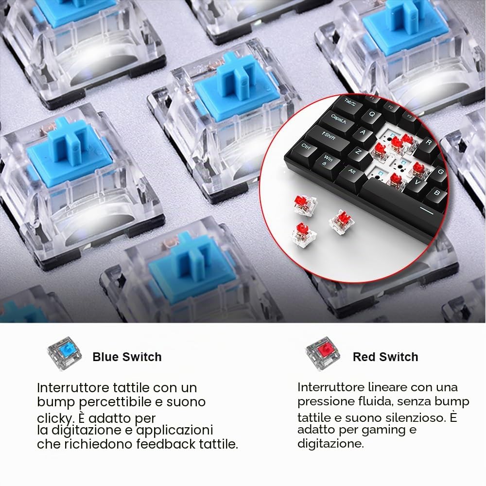 docooler 60% Tastiera meccanica a 61 tasti con cavo USB OUTEMU, retroilluminazione a LED, supporta hot swap, interruttore blu/interruttore rosso