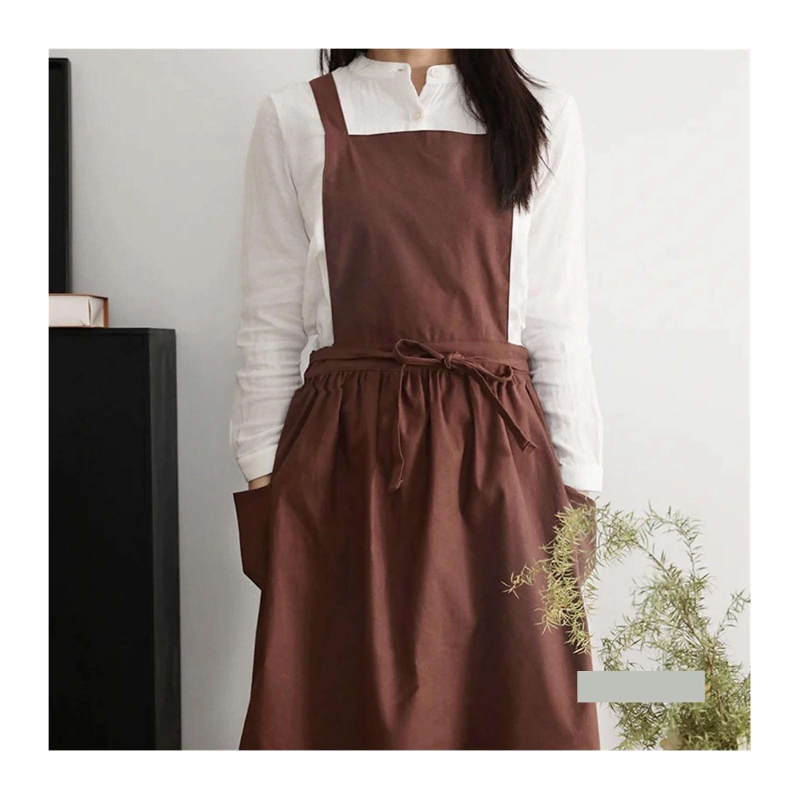 Tela Grembiuli Grembiule da cucina donna lungo in cotone pieghettato con tasca for cucinare e cuocere al forno, abito incrociato sul retro, for salone di bellezza, negozio unghie