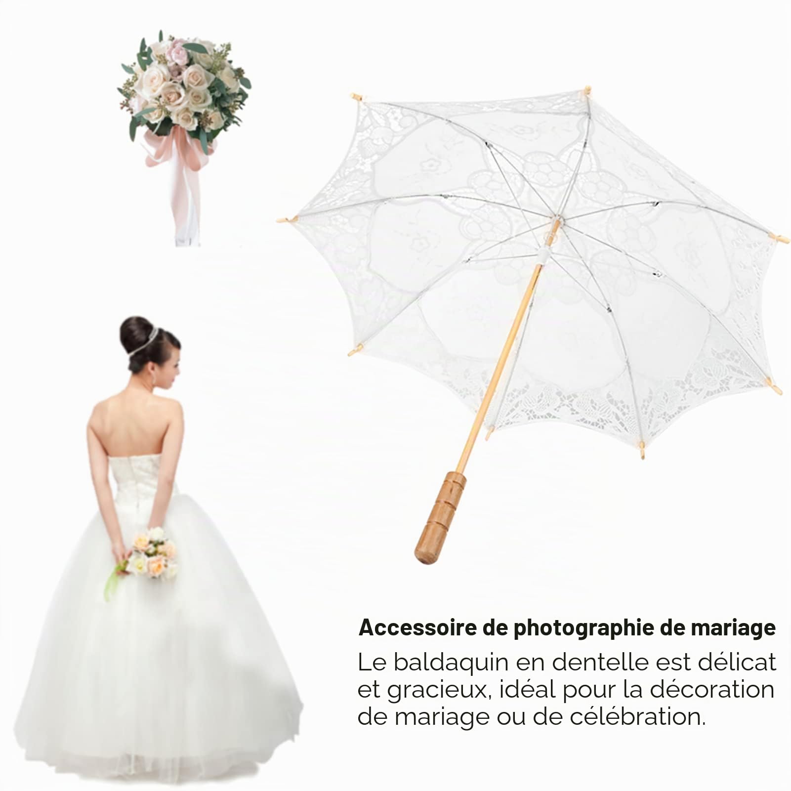 AYNEFY Parapluie de mariée en dentelle pour mariage vintage - En coton - Pour fête de mariage, danse, photographie, accessoires