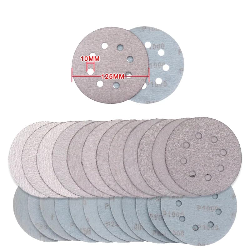 NEFLUM 5 Inch 8 Hole Hook and Loop Round Sandpaper Kit 100 Pcs 40-800 Mixed Grits Assorted Sanding Pads for Random Orbital Sander