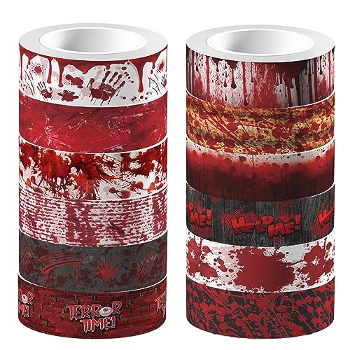GLKTOPO 12 Rolls Halloween Washi Tape Bloody Pattern Spooky Bloodstain Skull Masking Tapes for Theme Scrapbook Journal DIY Decorative Craft Gift Wrapping - 12 Style - 16.4Ft