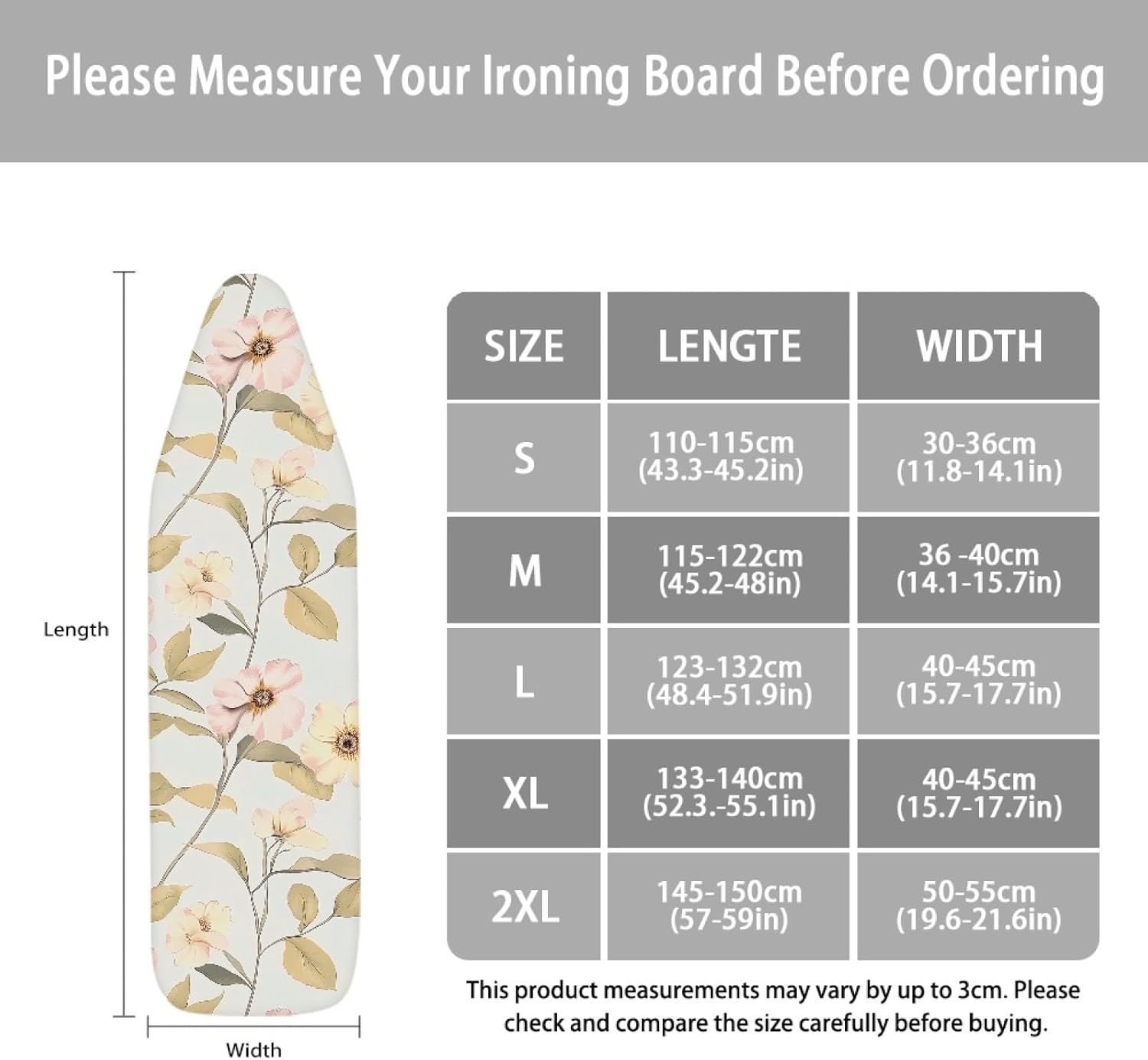 Large Ironing Board Cover and Pad 59x19 Pink Yellow Flower Iron Table Cover with Padding,Extra Wide,Resist Scorching and Staining,Heatproof,Adjustable Fastener Durable Stain