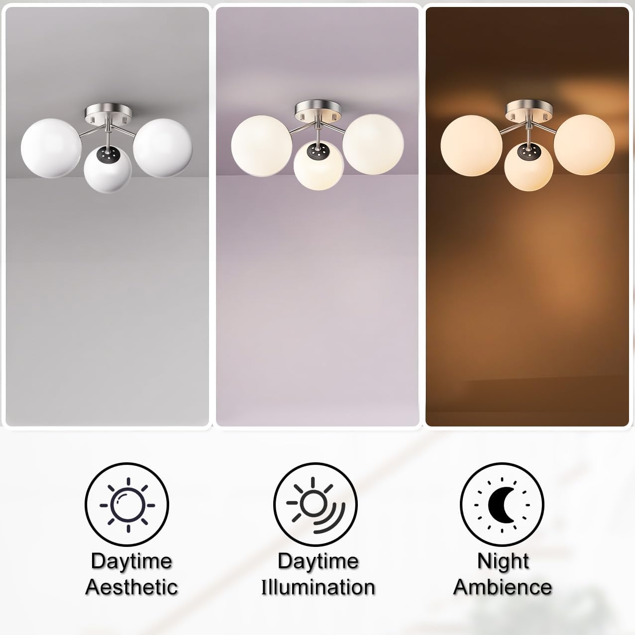 Maxax 17" Ceiling Light, 3 Lights Modern Flush Mount Fixture with Opal Milk Glass Globe, Sputnik Mid Century Semi Chandelier, for Dining Room, Bedroom, Entryway, Hallway, Chrome Black