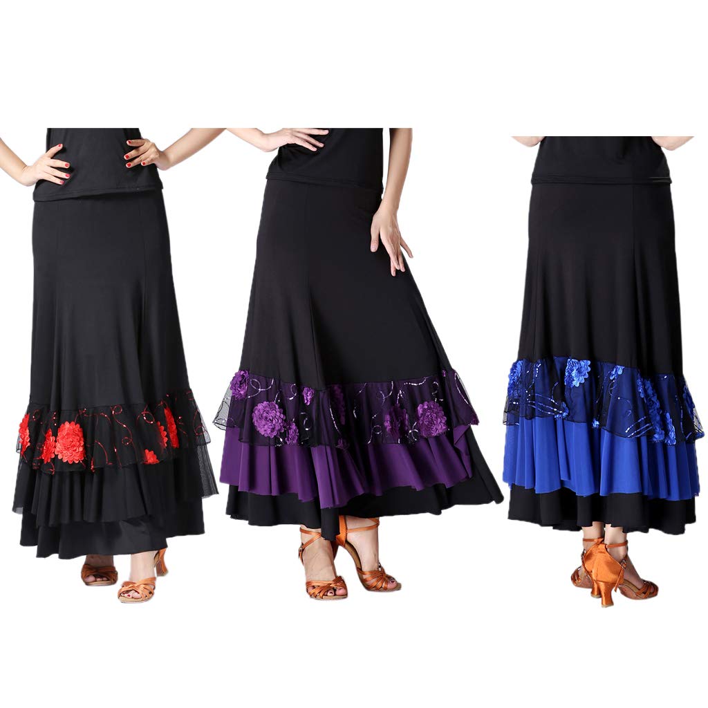 Eleganter Damen-Tanzrock für Ballsaal, Spanischer Flamenco, langes Walz-Tanzkleid, Kostüm Gr. One size, schwarz/rot
