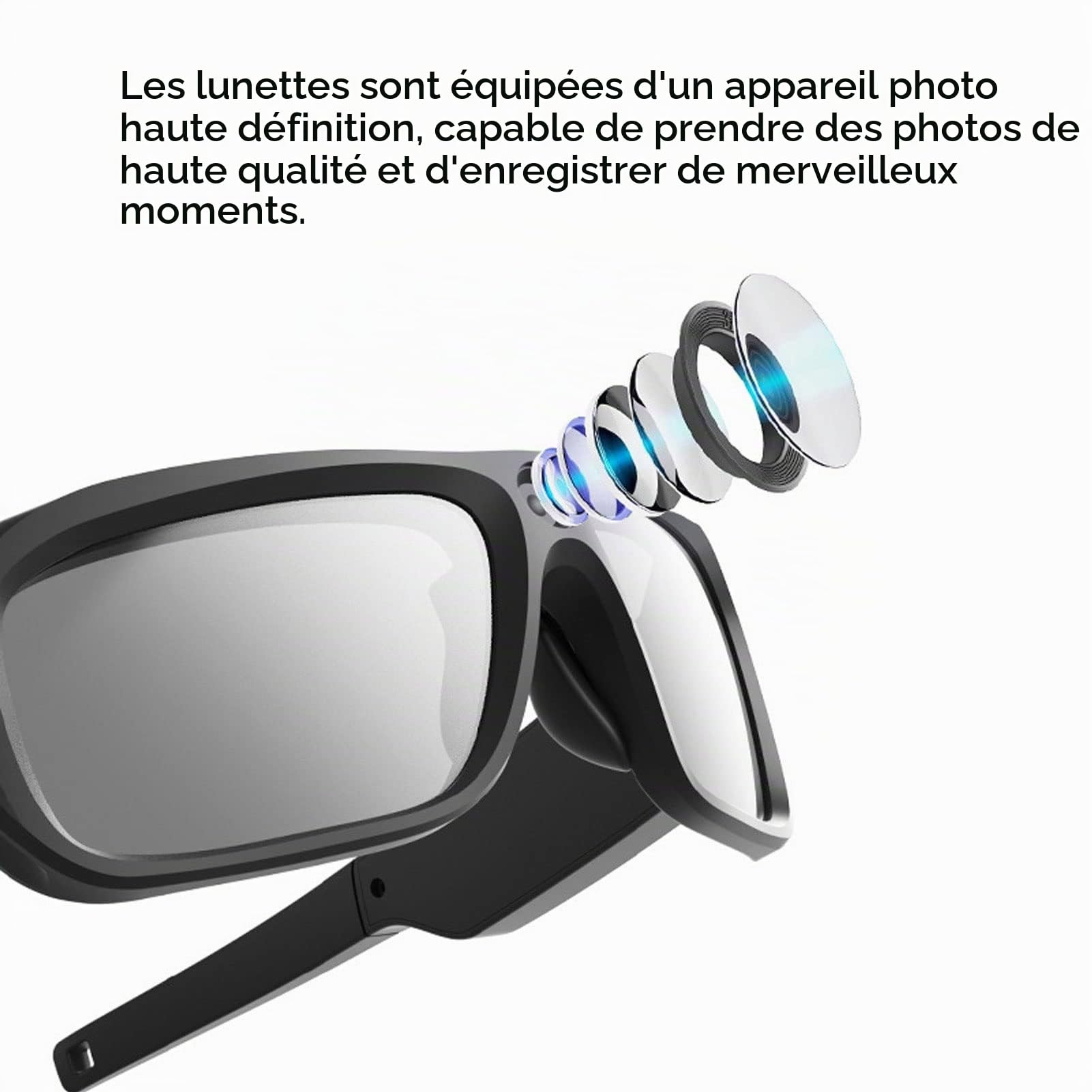 Goshyda Lunettes de Caméra, Full HD 1080P, Mini Lunettes de pour Caméra Vidéo avec 4 Paires de Lentilles, Caméra d'action Sportive Intelligente 4K pour la Randonnée, Le