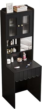 Vanity with Mirror and No Lights, Vanitys Desk with Chair for Bedroom, Spacious Top Glass Cabinet and Drawer Storage, Dresser Table with Hidden Storage Makeup StoolBlack,A,19.7in