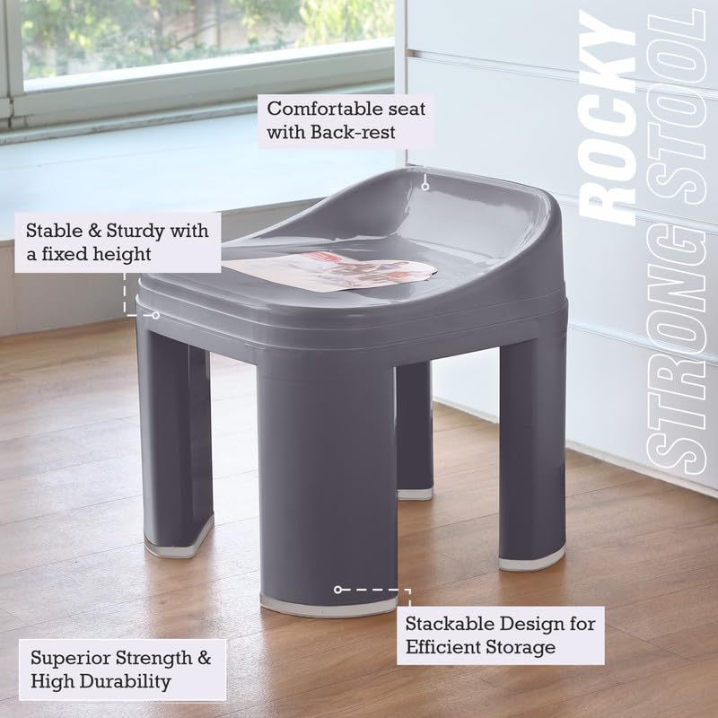 Image of Nayasa Rocky Strong Stool | Seating | Strong Plastic Stool for Bathroom | Office Stool | Outdoor | Home | Grey
