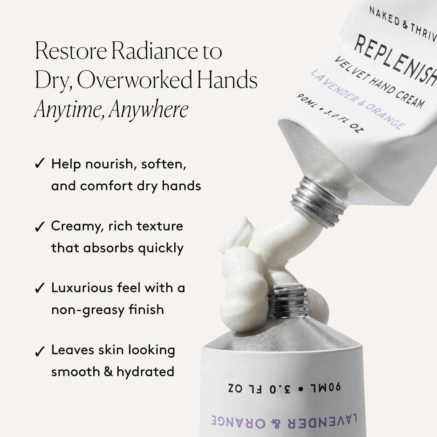 Naked & Thriving Replenish Velvet Anti-Aging Hand Cream: Advanced Hydration & Barrier Support, Fast-Absorbing, Nourish Dry Hands, Organic Shea Butter & Mango Seed Butter (Lavender & Orange)