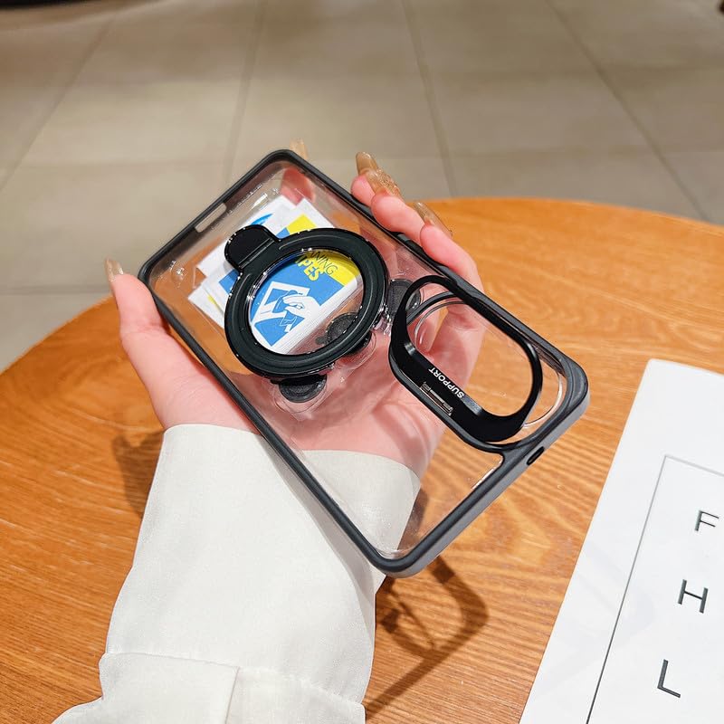 Image of LuxuryKase Magnetic Clear Case for Samsung Galaxy S25 Edge | Metal Ring Stand | Camera Lens Protector Rings | Shockproof Hard PC Back | MagSafe Compatible | TPU Bumper - Black