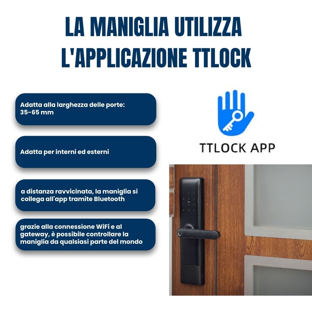 Serratura Smart con Maniglia Intelligente e Controllo via App TTLock – Apertura con Impronta Digitale, Codice o Smartphone – Serratura Elettrica con Cilindro per Porta Interna o Cancello Esterno