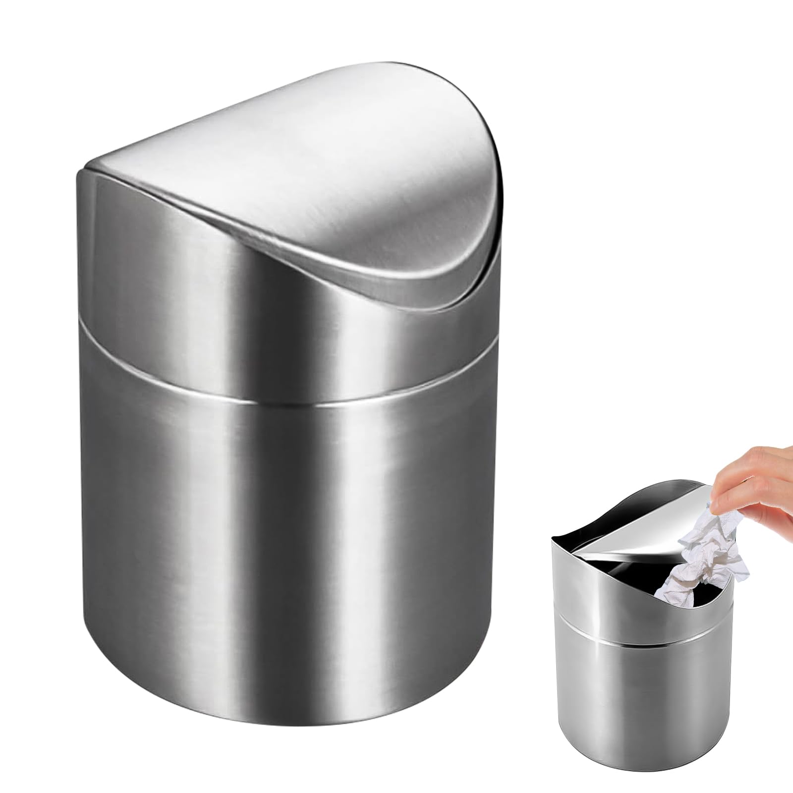 Cubo de Basura de Mesa con Tapa, 2L Mini Papelera Escritorio Cubierta Deslizante, Papelera Pequeña de Acero Inoxidable Papelera de Baño para Cocina, Dormitorio, Baño, Oficina, Plata (12×12×16cm)