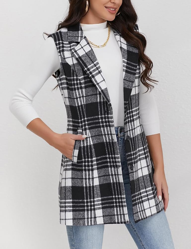 Mywinway Plaid Vest for Women Sleeveless Fall Winter Long Blazer Jackets Trendy Cardigan Outerwear Wool Coat