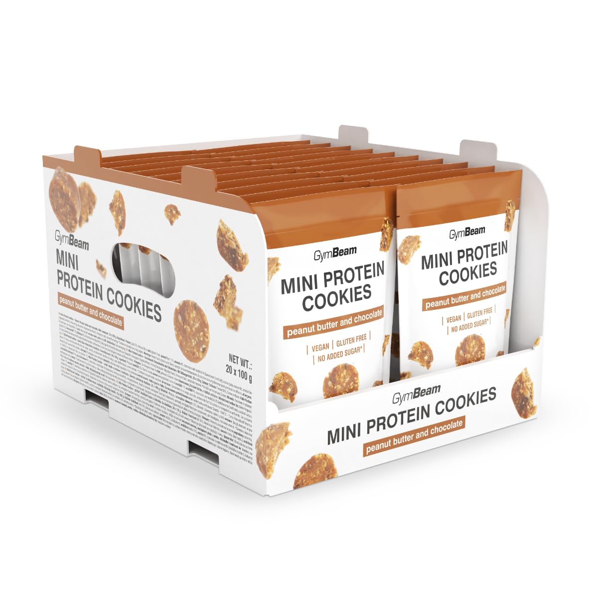 GymBeam Mini Protein Kekse - Weiche Mini-Cookies, glutenfreie Snacks ohne Zuckerzusatz, Erdnussbutter mit Schokolade, 20 x 100 g