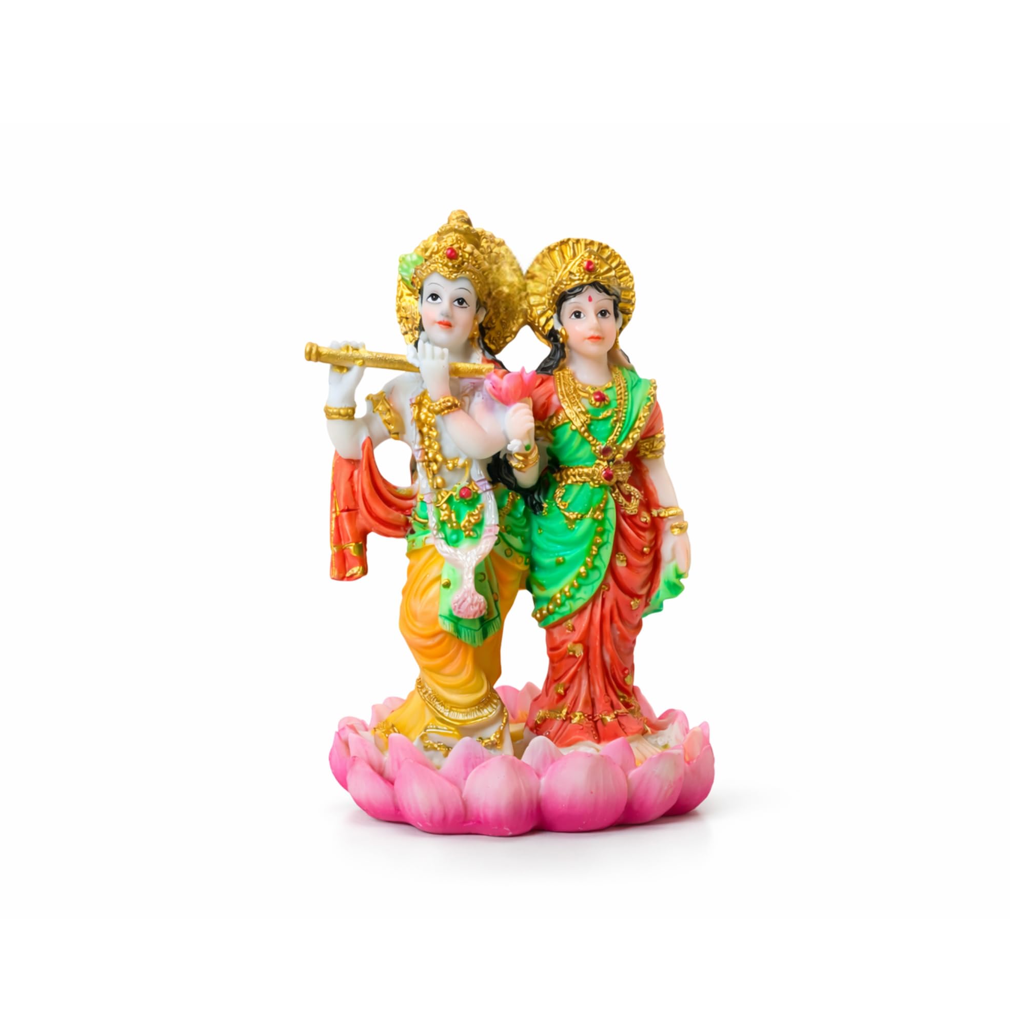 C&S Homestore Multicolor Radha Krishna Idol Resin 9Cm Decorative Hindu God Statue For Home Mandir Pooja Room Spiritual Decor Lord Krishna Flute Radha Murti Lotus Base Religious Gift Diwali Housewarming