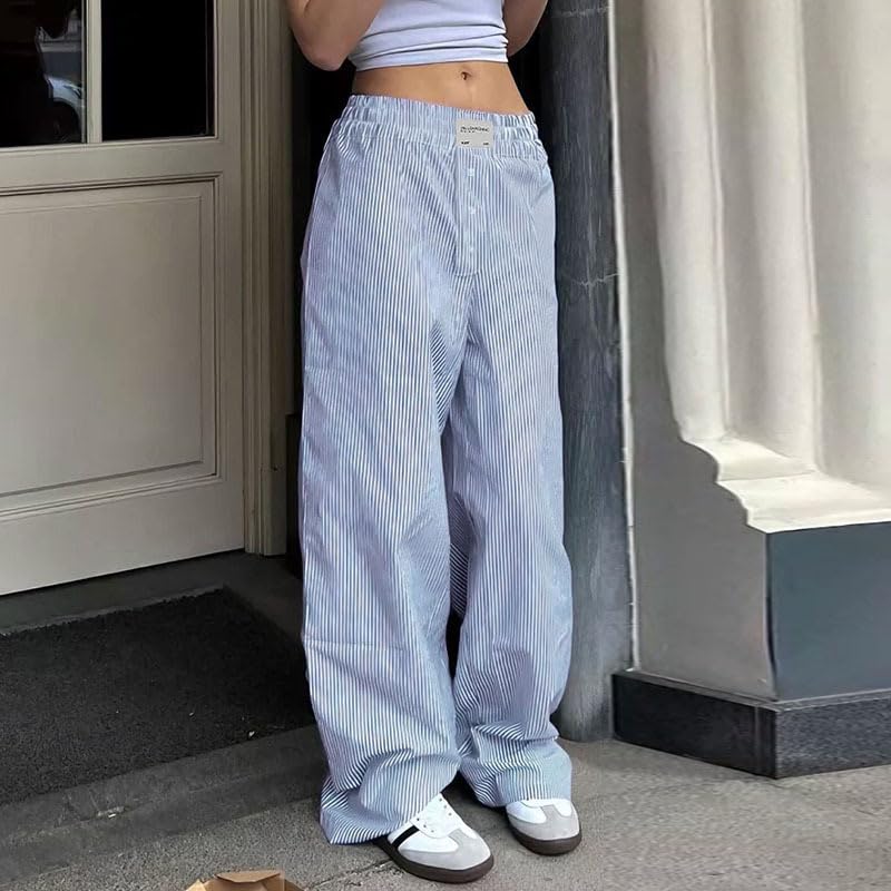 Women's Striped Print Patched Elastic Waist Pants, Casual Street Loose Straight Pant Trousers for Daily Wear3