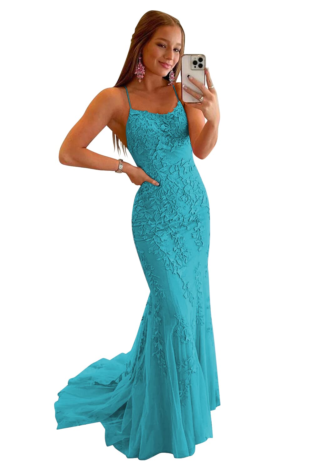 Clothfun Women's Long Lace Prom Dresses Mermaid Spaghetti Straps Backless Formal Evening Gowns