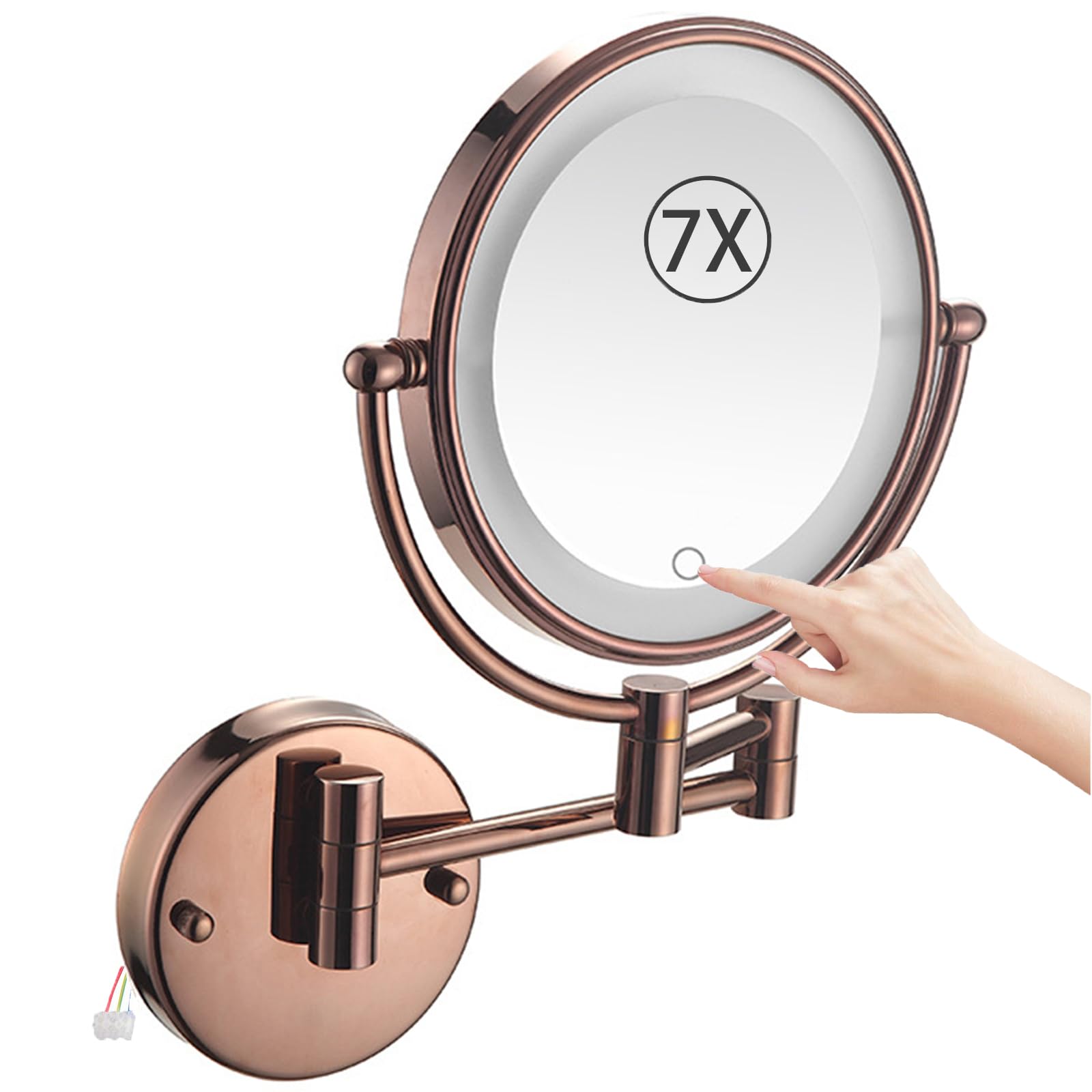 SXFSDOU Wall Mounted Magnifying Makeup Mirror, Hardwired Double Sided LED Lighted Vanity Extendable 360 Swivel Bathroom Mirror,Rose gold,7X