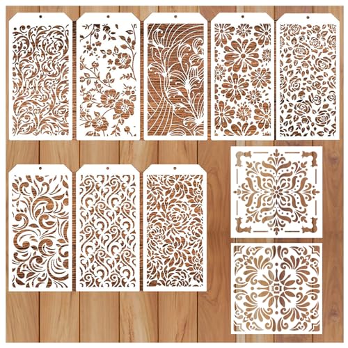 SSKHE 10Pcs Pochoirs Décoratifs pour Fleurs, Pochoirs Réutilisables en Plastique pour la Peinture de Dentelle Florale, pour le Bricolage, la Peinture sur...