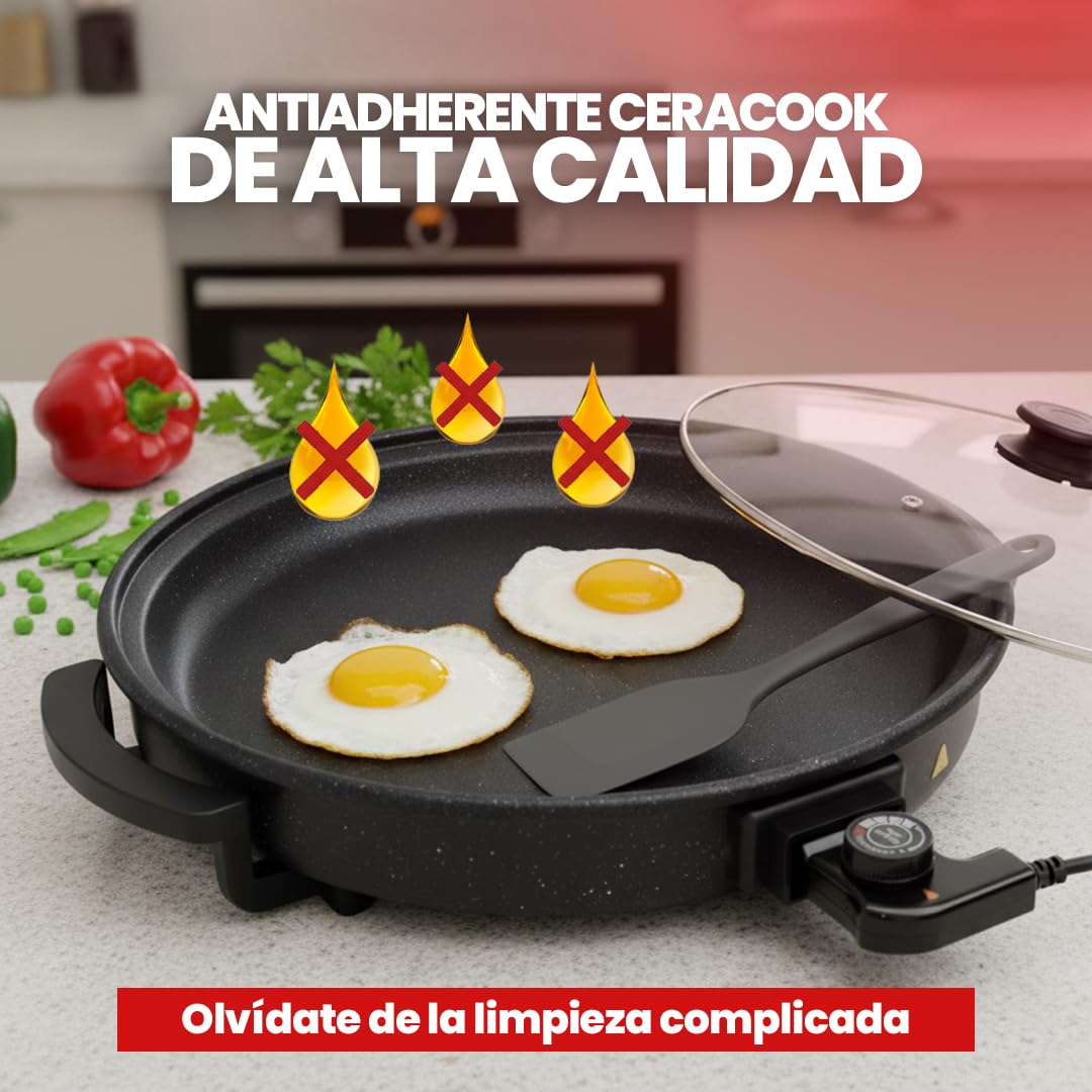 SOGO Paellera Eléctrica 1500W 9cm Antiadherente Termostato 240°C Sartén Eléctrica Tapa de Cristal