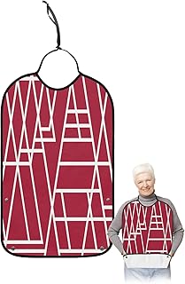 Kewadony Adult Bibs for Elderly Women - Red Geometric Waterproof Dining Clothing Protectors with Crumb Catcher for Eating/Feeding, White Line Modern Abstract Art Terry Cloth Bib Machine Washable