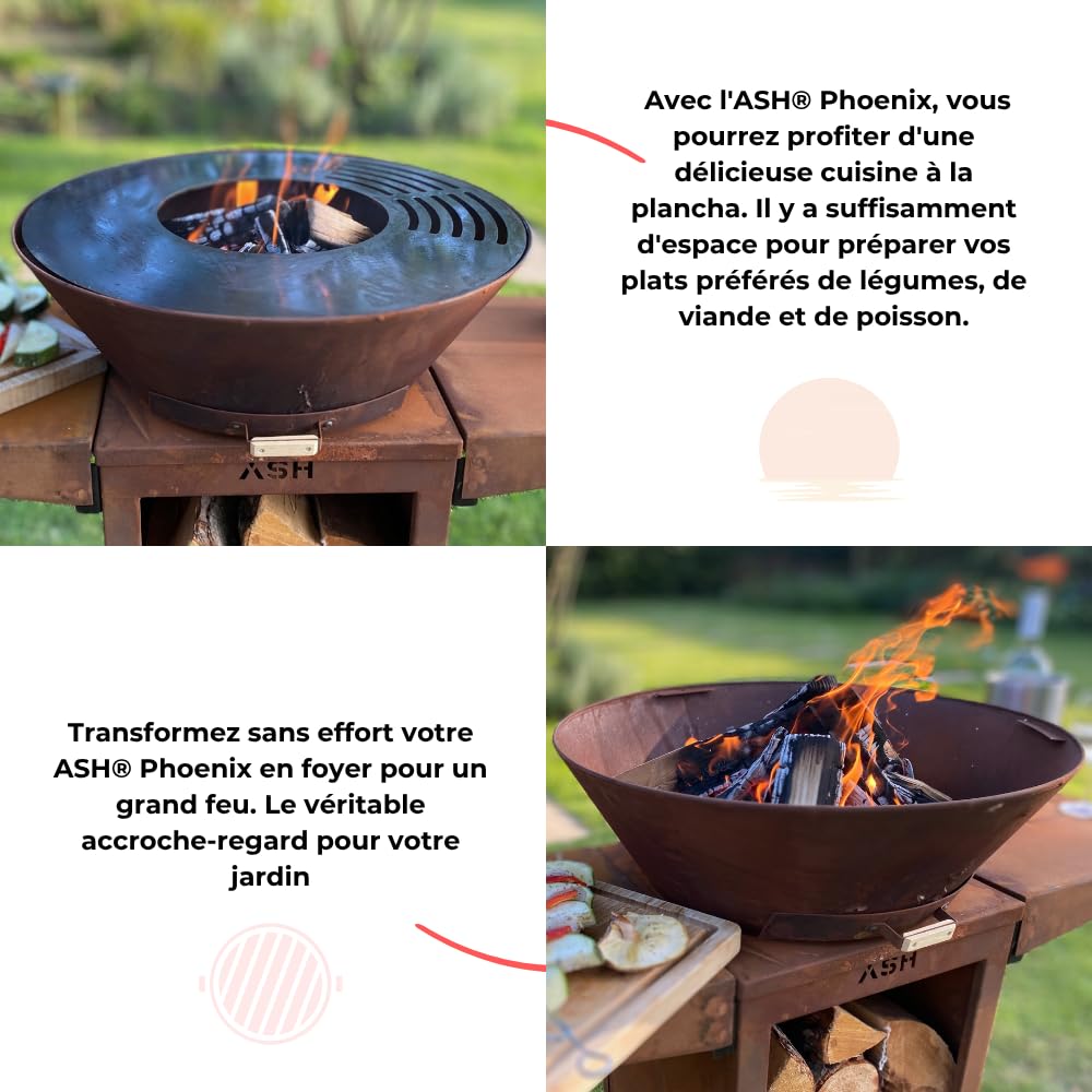 Plancha - BBQ - Grille - Bracière - Acier Corten - ASH Phoenix - Couleur rouille - Plaque pour barbecue - Plancha pour extérieur - Anneau pour gril 60Ø x 115 cm - Extra Large - Cheminée de jardin
