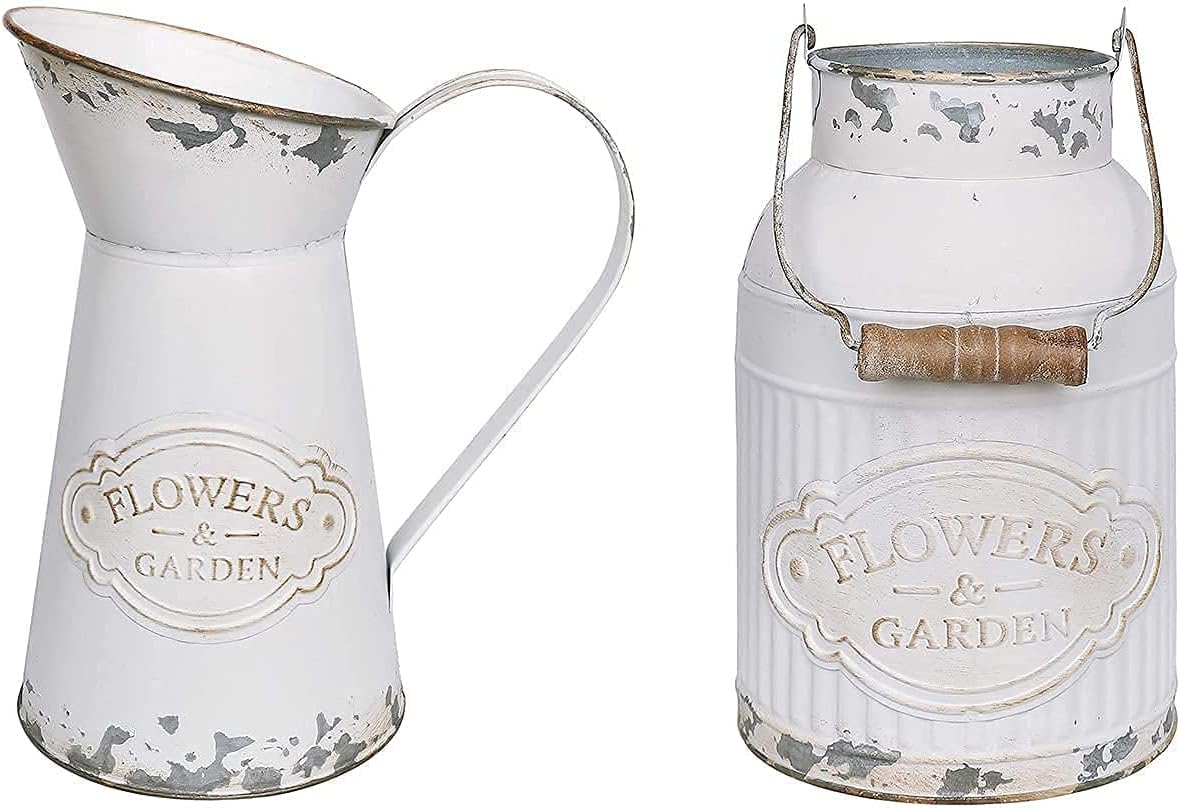 APSOONSELL Farmhouse Vase for Flowers White Metal Vases Rustic Style Galvanized Mike Jug for Home Decor