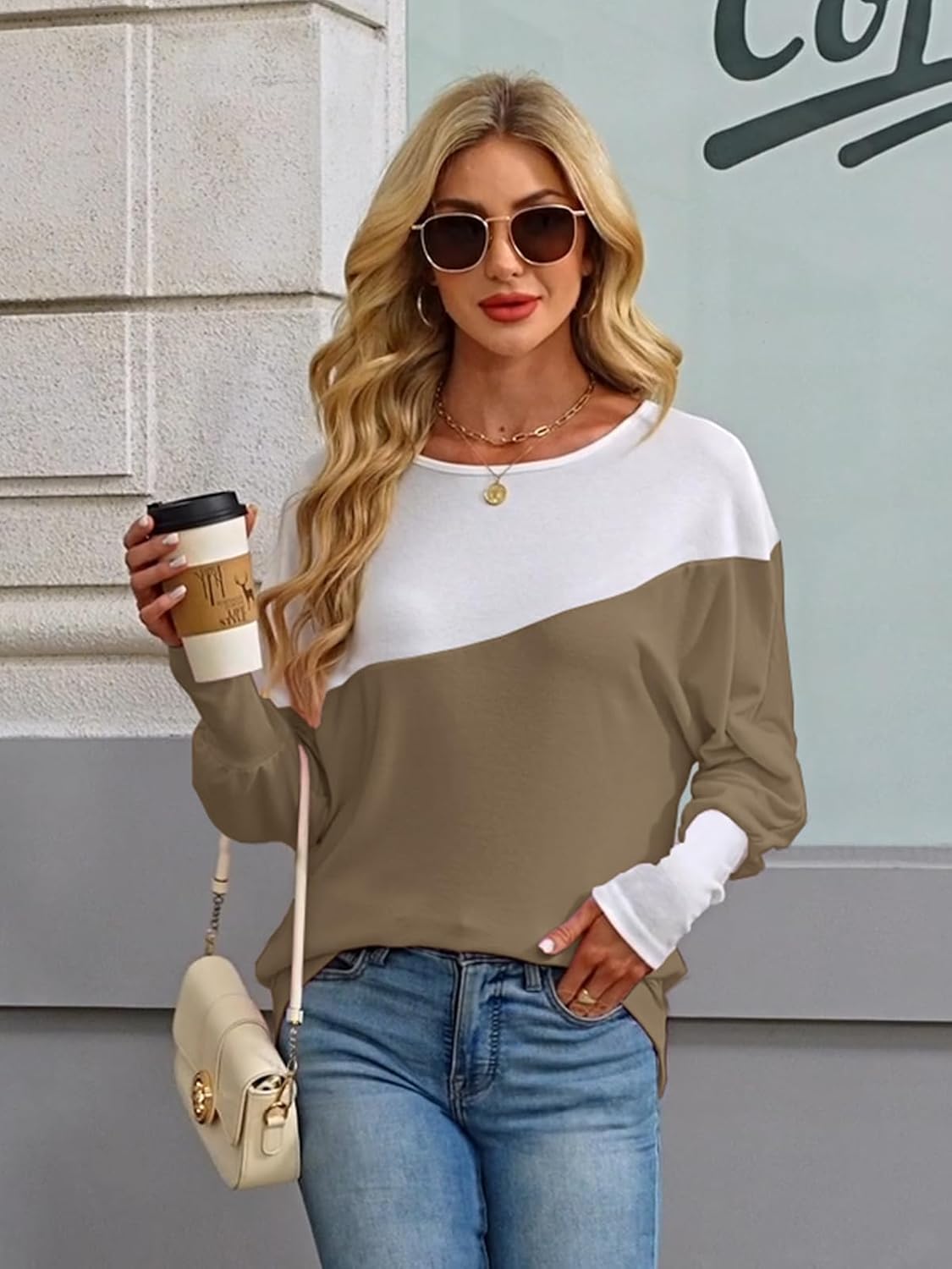 Eniloyal Womens Long Sleeve Tops Oversized Trendy Color Block Round Neck Casual Tunic Shirts Blouses - Image 2