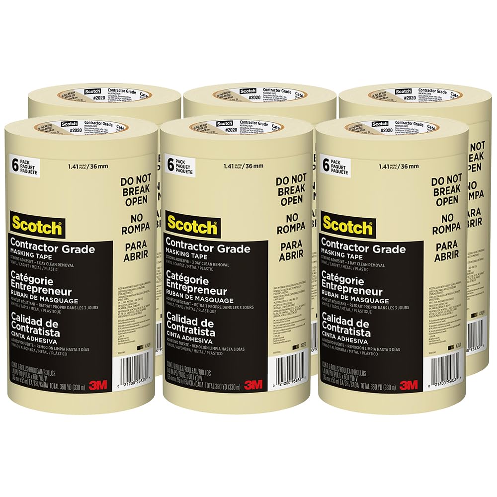 3M 36-Rolls of 1.88” x 60 yds 2020-48SP6 Scotch Tan Contractor Grade Masking Tape, 6 Contractor Packs
